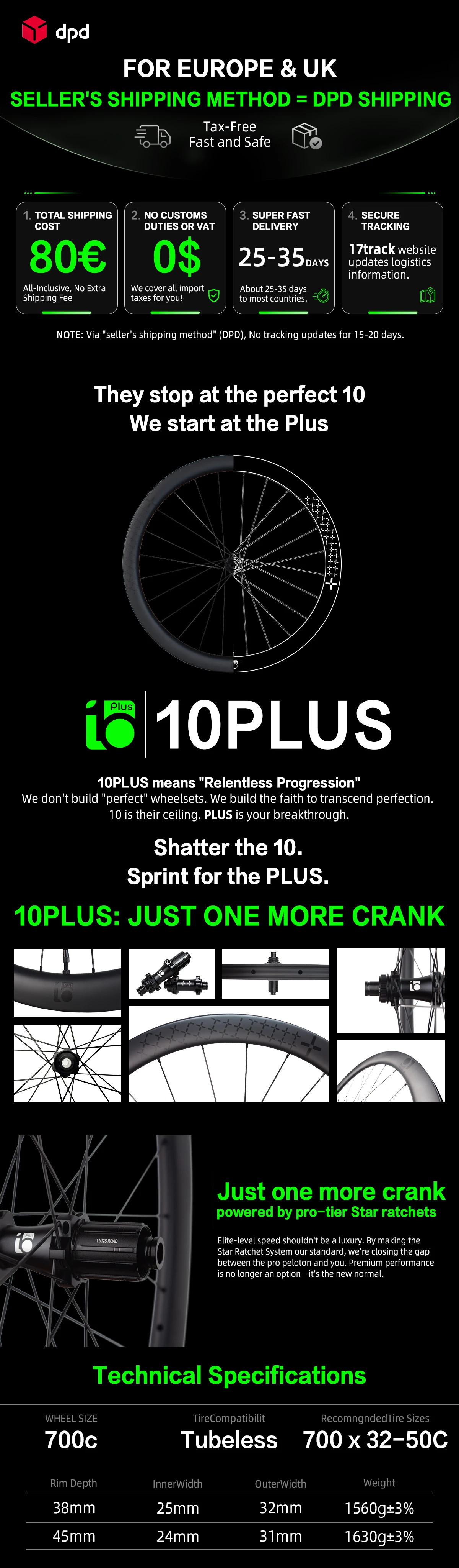 10PLUS Gravel Carbon-Laufradsatz 700C Scheibenbremse Tubeless Ready Center Lock 36T Star Ratchet 38mm 45mm Achse 1423 Speichen – Detail 1