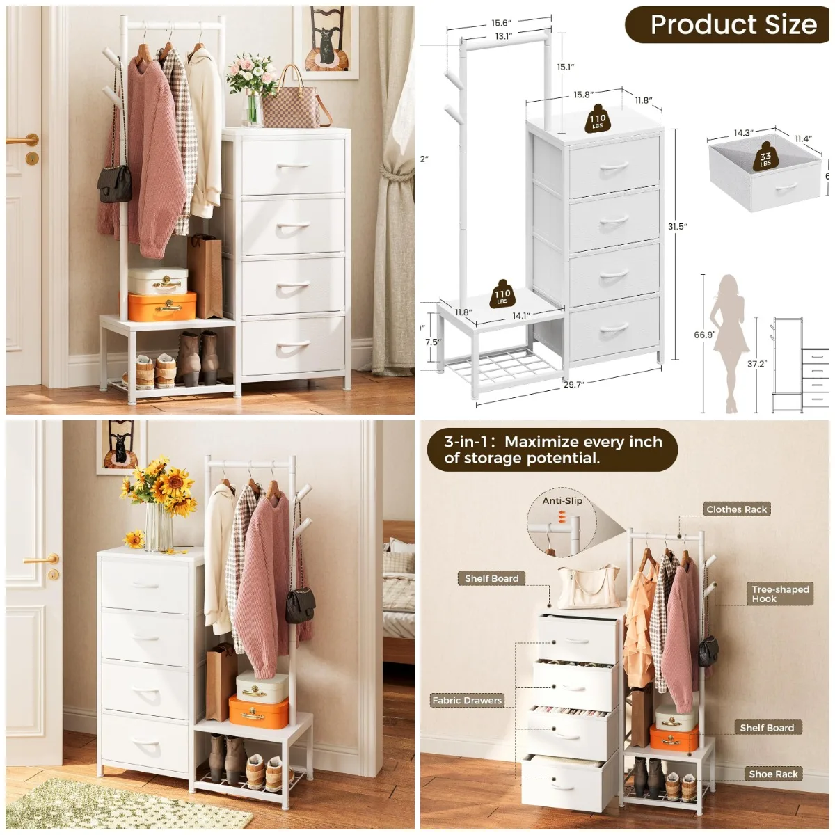 

White 3-in-1 Dresser with Shoe Rack, Hanging Rod & 4 Drawers, Reversible Bedroom Storage Chest