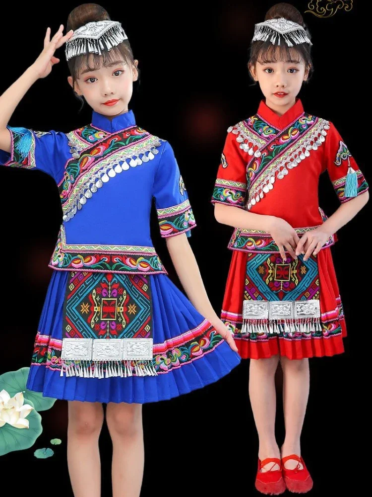 Chinese Traditional Hmong Costume Miao Dance National Perform Dance Wear Girls Minority Classical Stage Dance Modern Dress