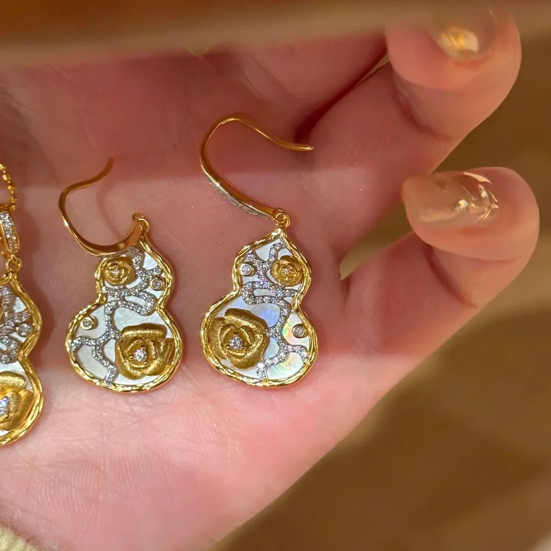 Premium S925 Sterling Silver Jewelry Set Featuring Stud Earrings and Pendant Necklace with White Fritillary Yellow Rose Gourd