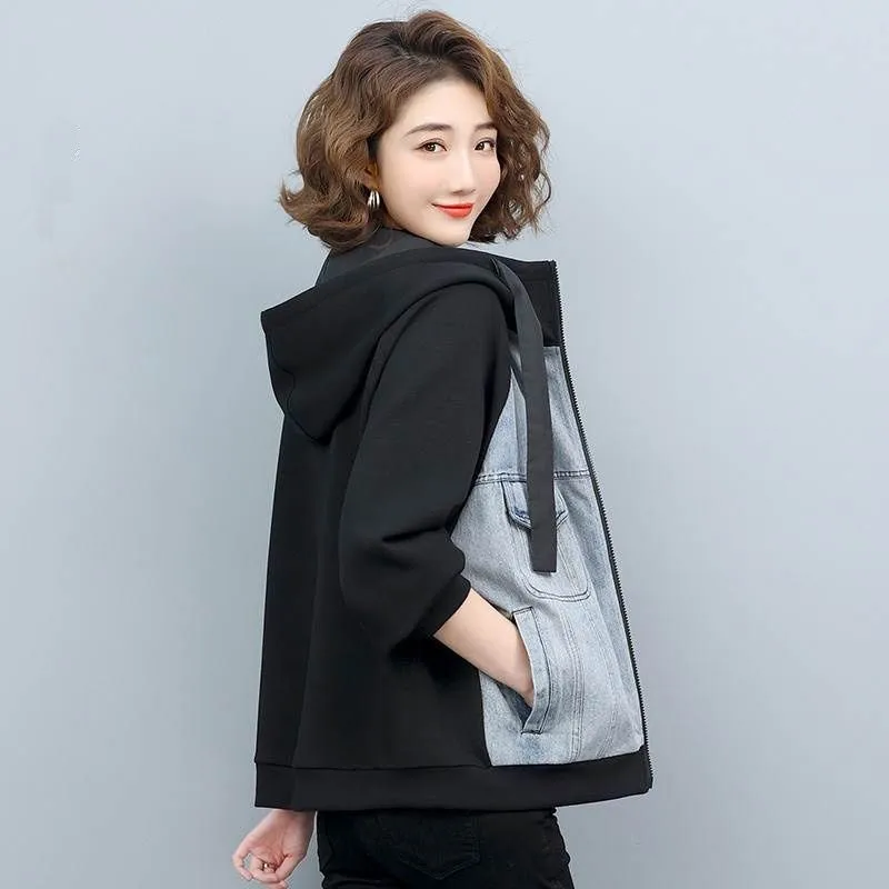 European Denim Women's Plicing Hooded Coat 2027 New Autumn Winter Jacket Small Foreign Ladies Wild Baseball Uniform Overcoat