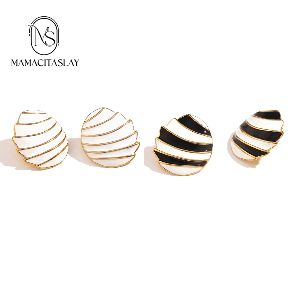 MamacitaSlay Stylish sail shape black white enamel Stainless steel earrings woman Female gold plated Jewelry Friend Gifts