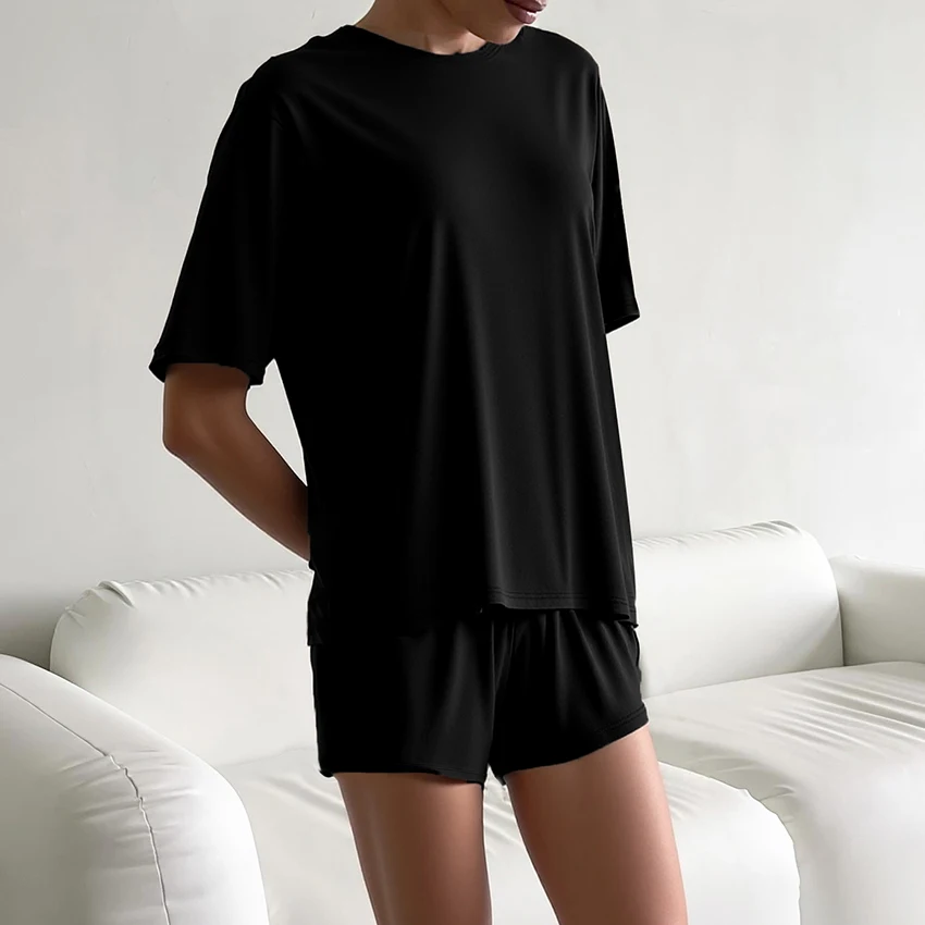 

HiLoc Summer Casual Knit 2 Piece Sets Home Elastic Waist Shorts With O Neck T Shirt Woman Elegant Brown Sleepwear For Women