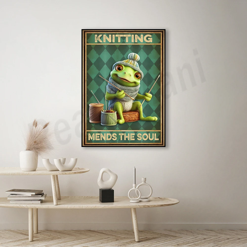 frog knitting heals the soul vintage poster, love frogs and knitting poster, funny frog knitting poster, frog crochet poster
