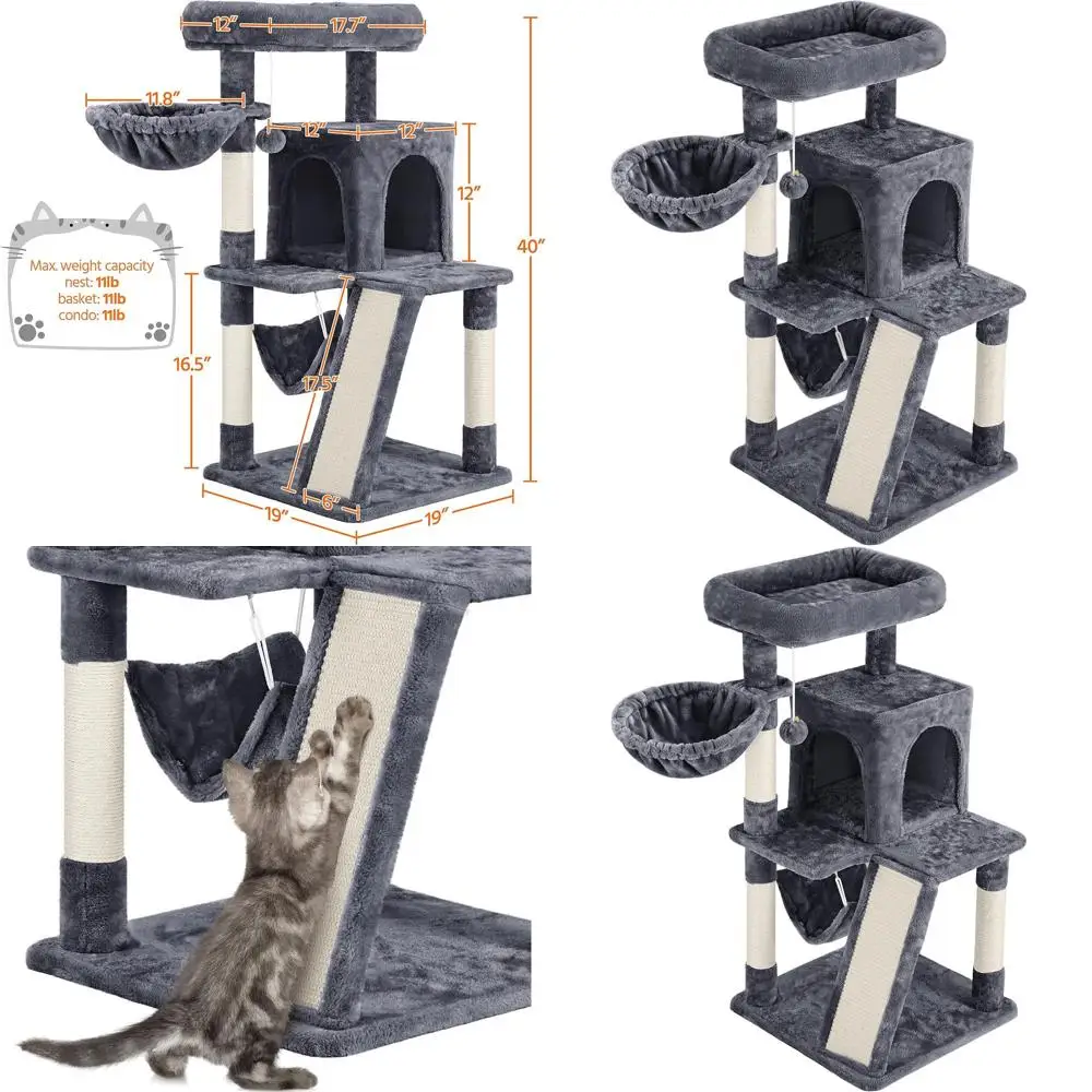 

Кошачий домик среднего размера (40 см) с сизалевыми стойками для когтетрещения и мягкими платформами, темно-серый