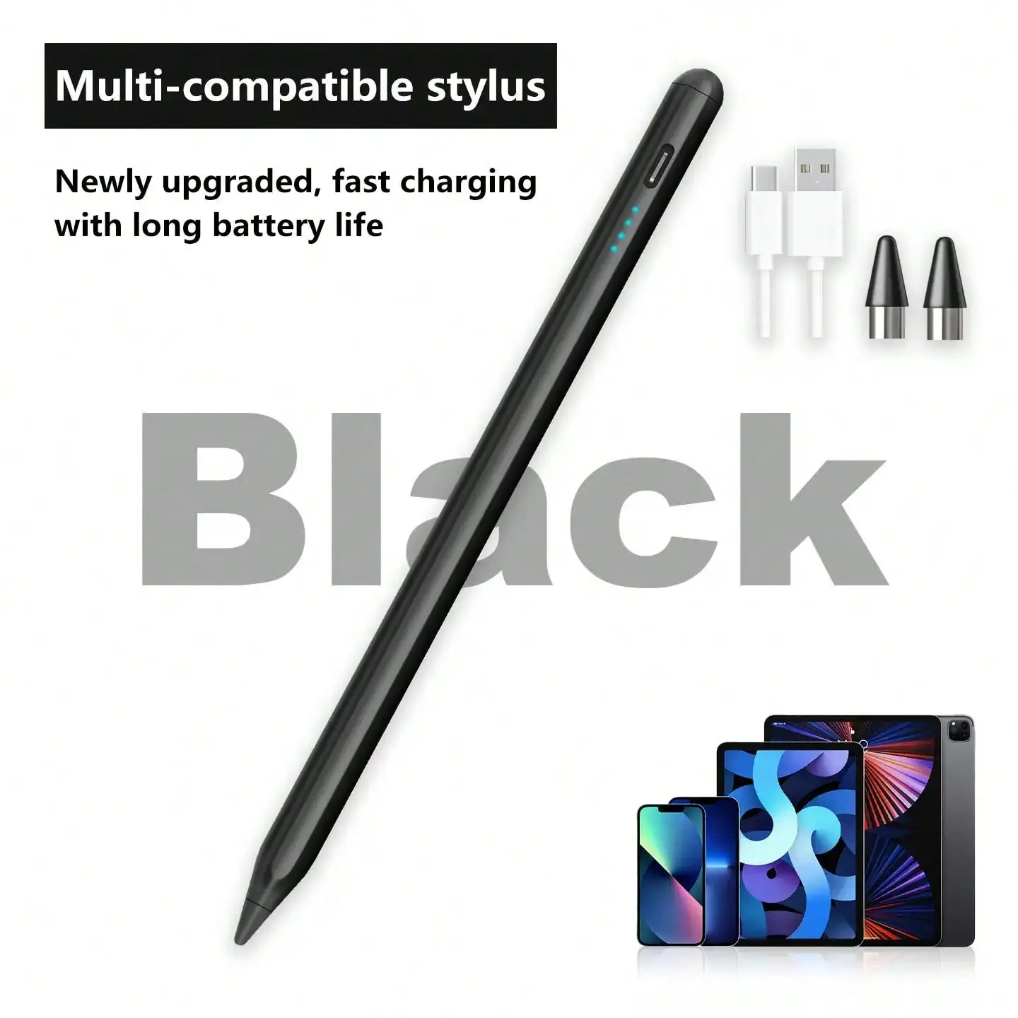 The stylus is compatible with iPad/Android mobile phone tablets, smooth writing, universal market 95% touch screen devices, (standard replacement of 2 nibs, Type-c charging cable) Universal for learning, relax fingers to improve accuracy., professionals