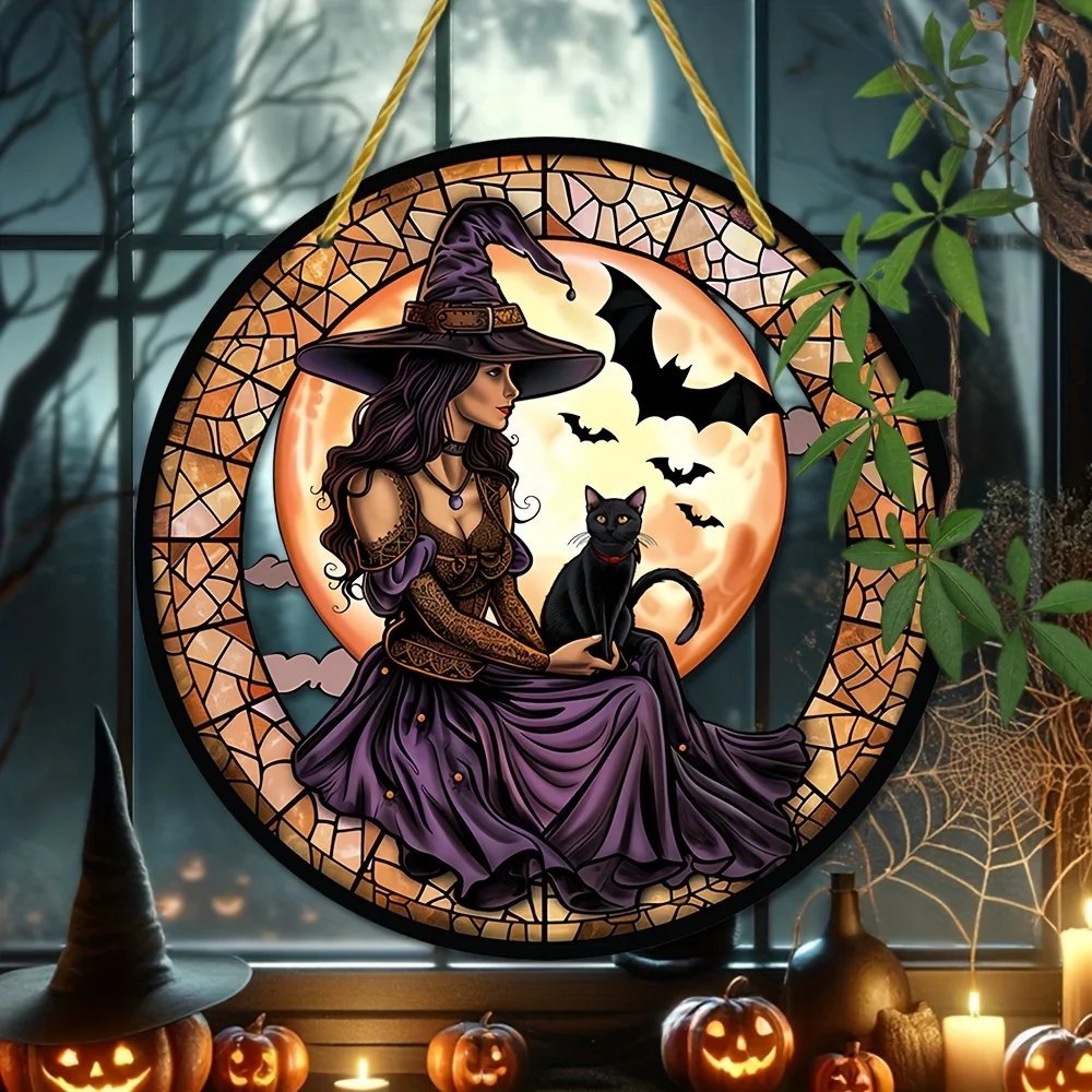 

Halloween Acrylic Round Hanging Sign-Witch and Cat Suncatcher,Art Deco Style Window,home Decor,Restaurants,Personalized Gifts