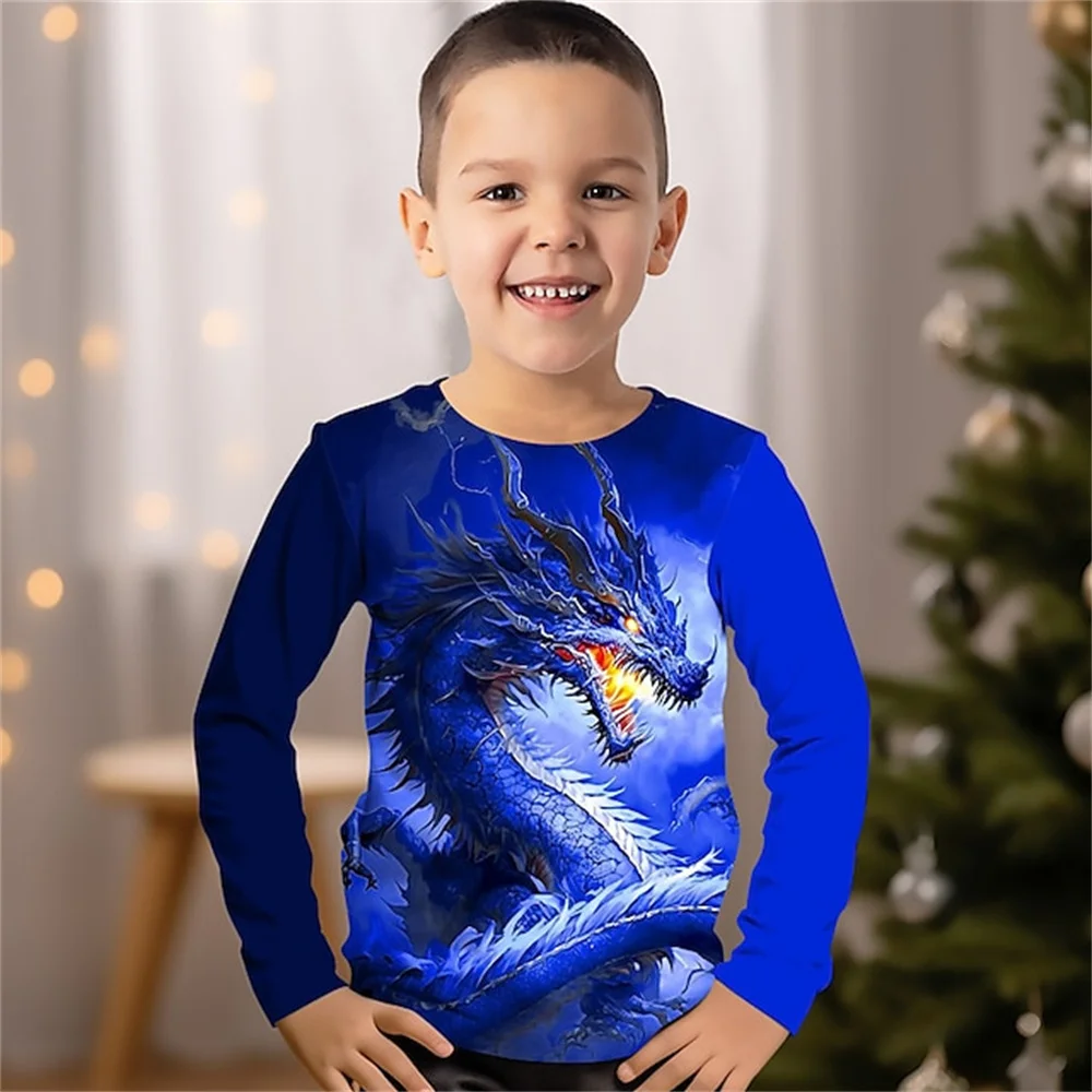 Camiseta de manga comprida com estampa 3D do Dragão Chinês infantil, roupas de menino, azul, adolescentes de 4 a 12 anos