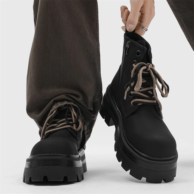 Men Platform Chunky  Ankle Boots 2026 New Lace Up Side Zipper Non Slip Classic Motorcycle Combat Short Boots Men