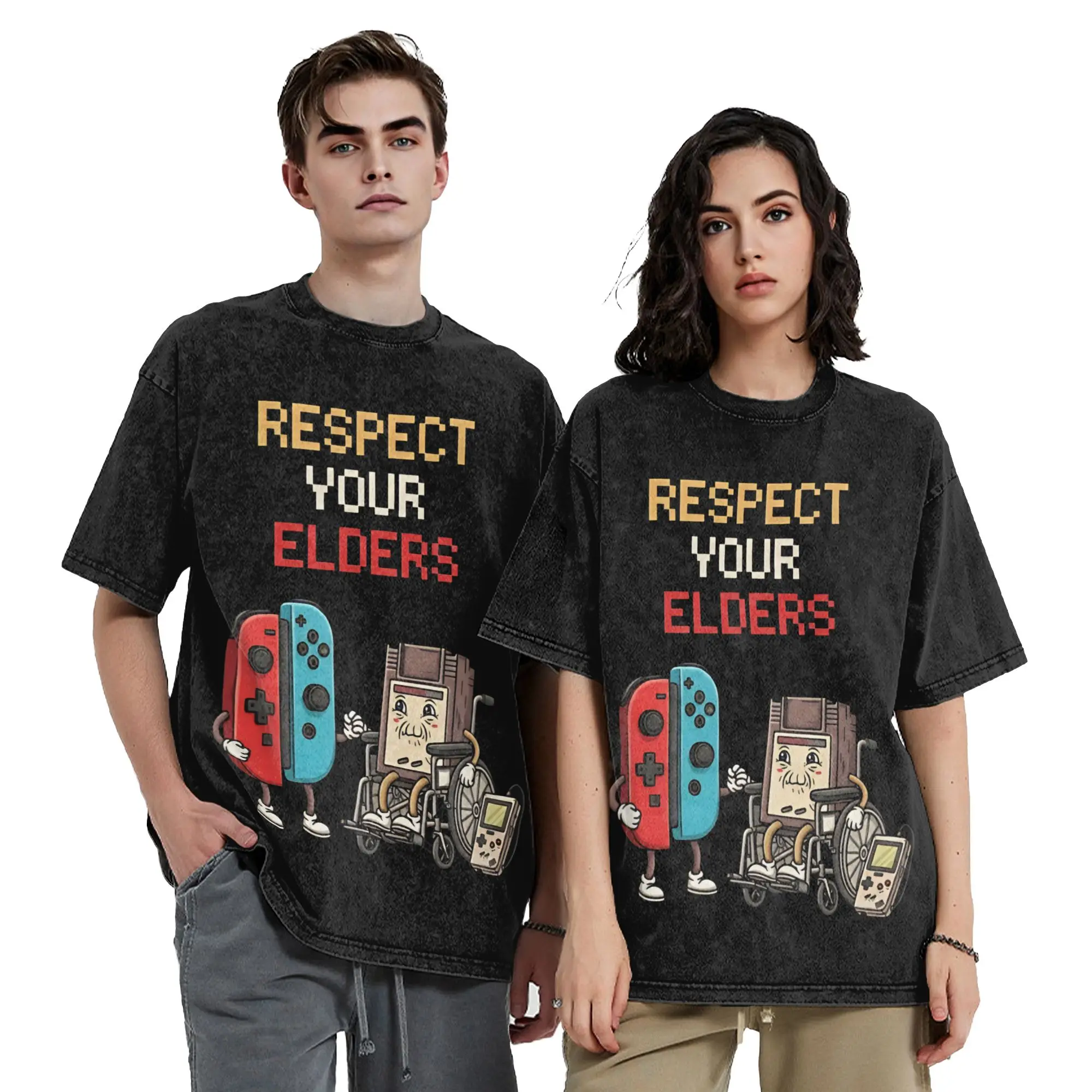 Funny Retro Gaming Consoles Respect Your Elders  Vintage Washed Tshirts Round Neck Short Sleeve Top Tee  Cotton Summer Clothing