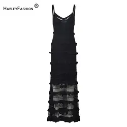 Sexy See-through Lady Party Wear scollo a V stile elegante balza donna abito lungo sottoveste nero