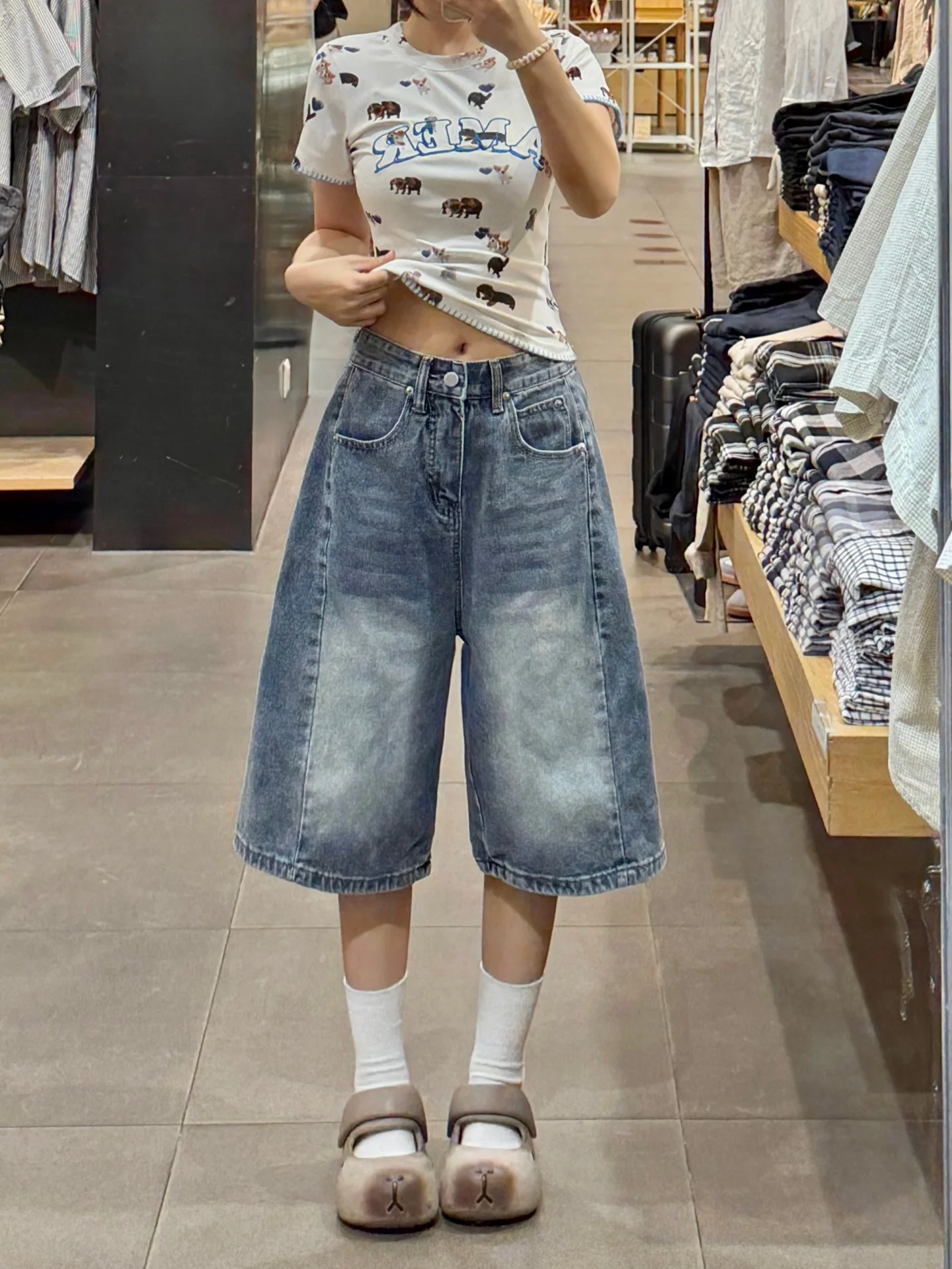 Retro American Casual Wide Leg Jeans Women's Five-Point Pants Summer New Style plus Size Loose Slimming Mid-Length Trousers
