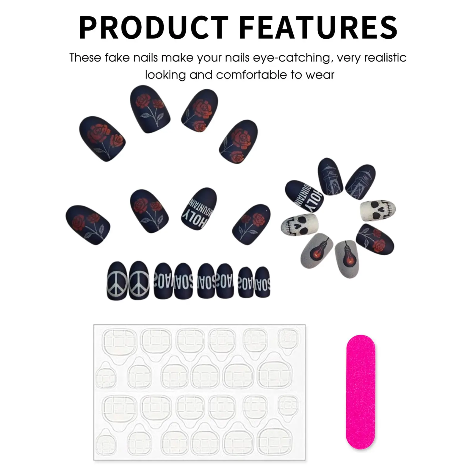 24pcs Press On Nails Resin Matte Gothic Skull Rose False Nails for Halloween Party Cosplay Women's Nail Decoration Art
