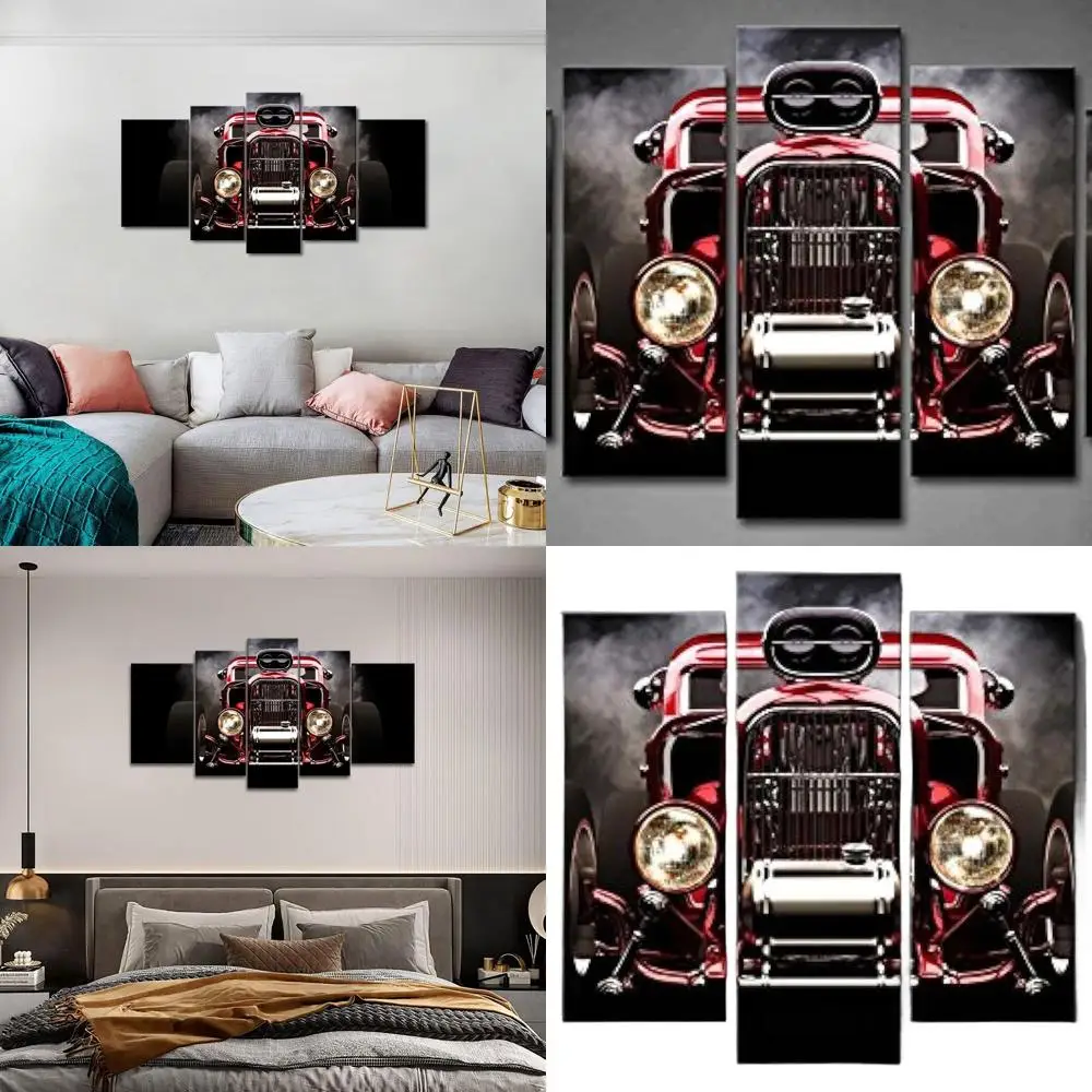 

Vintage-Style Canvas Wall Art: 5-Piece Set with Retro Car and Motorcycle Paintings, Ready to Hang with Wooden Frame