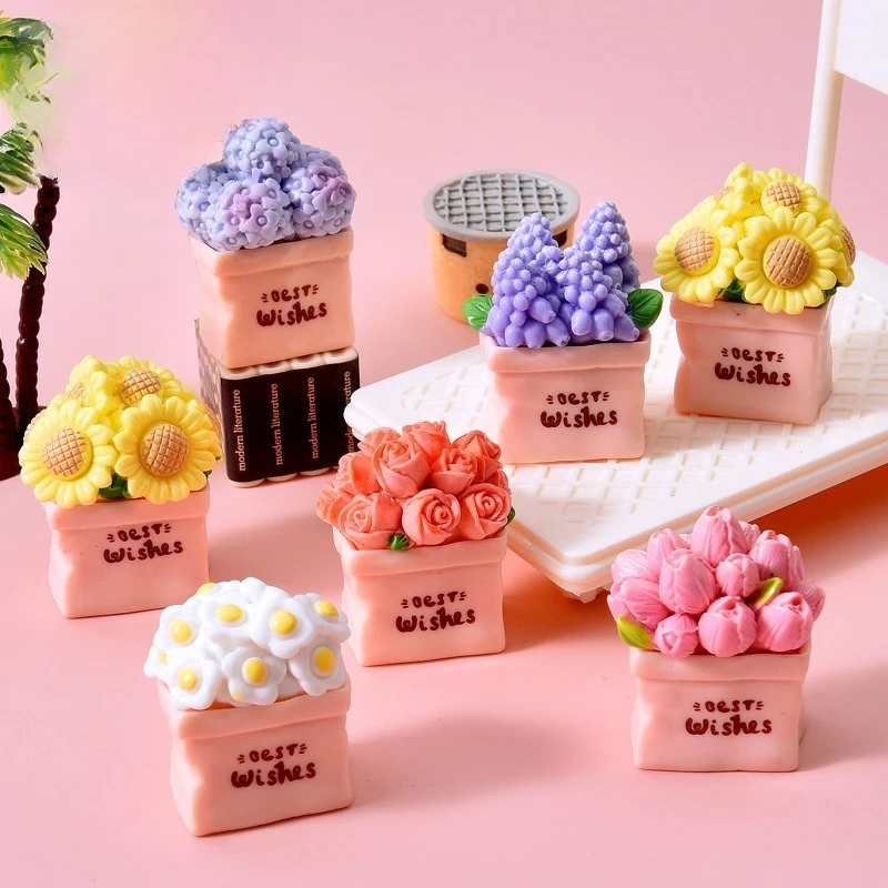 6 Styles Flower Bag Resin Charms Daisy Rose Tulip Sunflower Hydrangea Desktop Car Decor DIY Craft