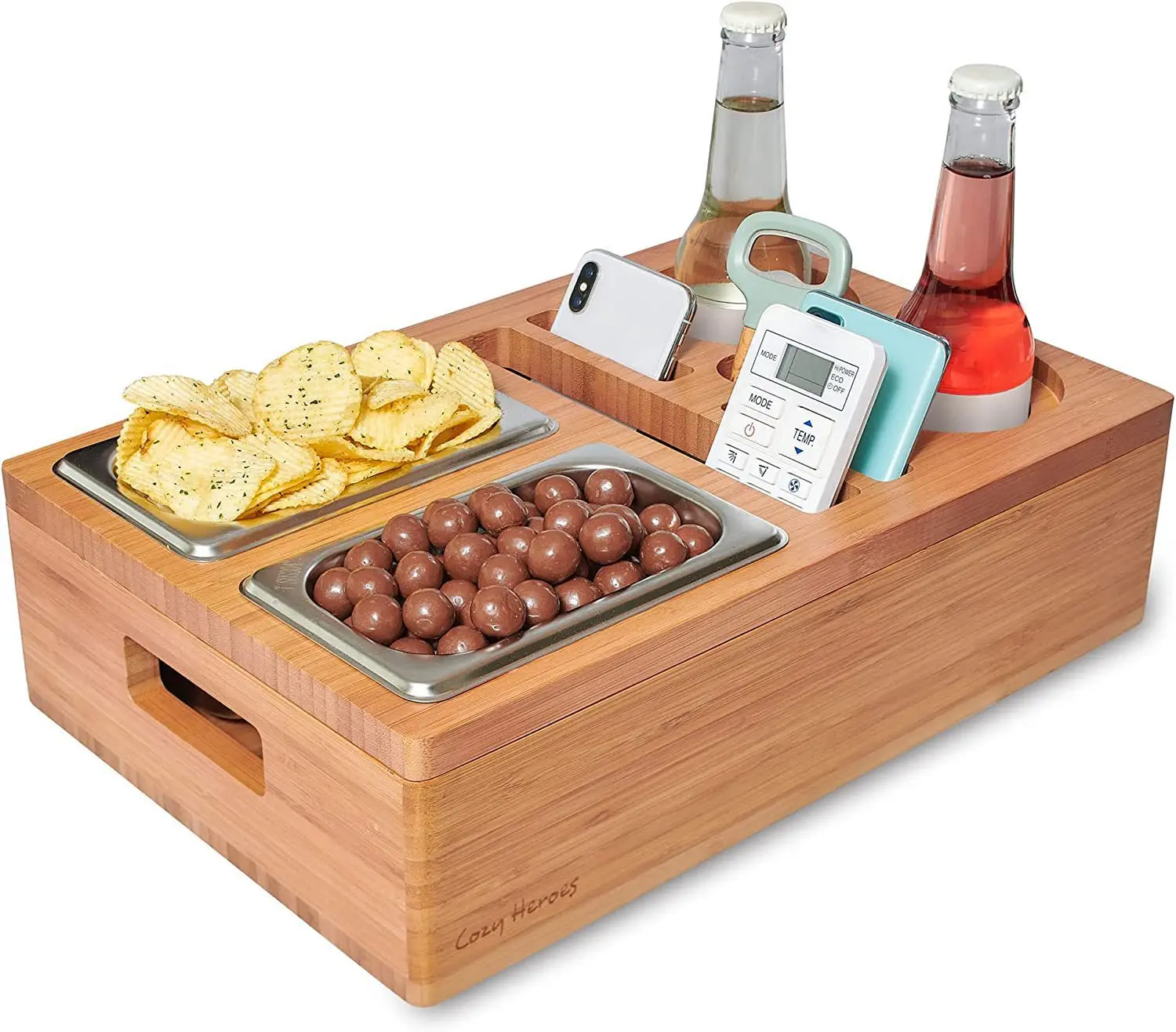 

Hot Sales Removeable Lid Design Convenient Drink Holder for Couch Sofa Bed Wooden Bamboo Drink Snack Caddy Couch Tray