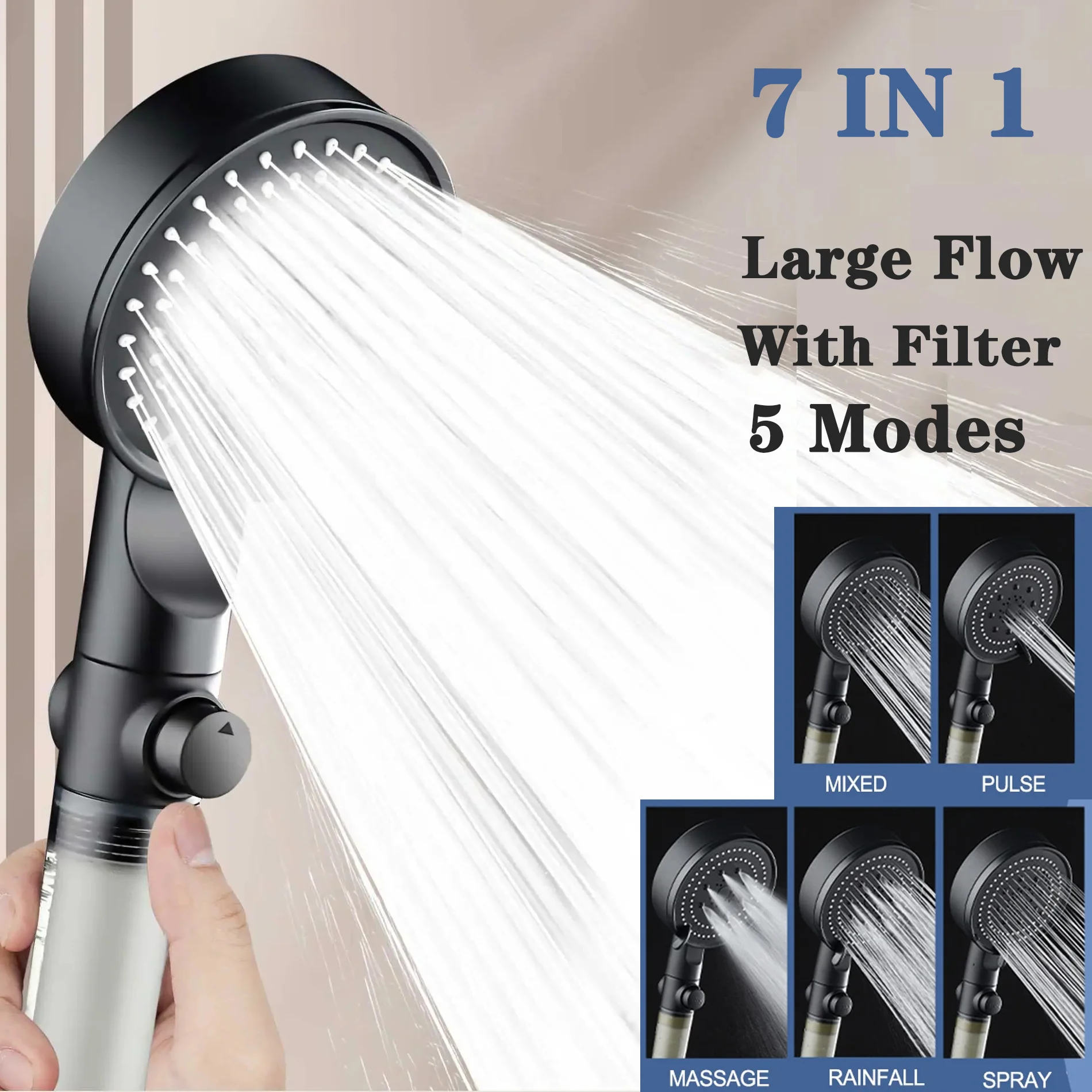 High Pressure Shower Head 5 Modes Adjustable Showerheads with Filter Water Saving One-Key Stop Spray Nozzle Bathroom Accessories