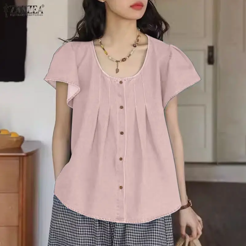 

ZANZEA Sweet Woman False-Denim Blouses O-Neck Short Sleeve Pleated Button Up Shirts 2026 Summer Casual Elegant Blusas de Mujer