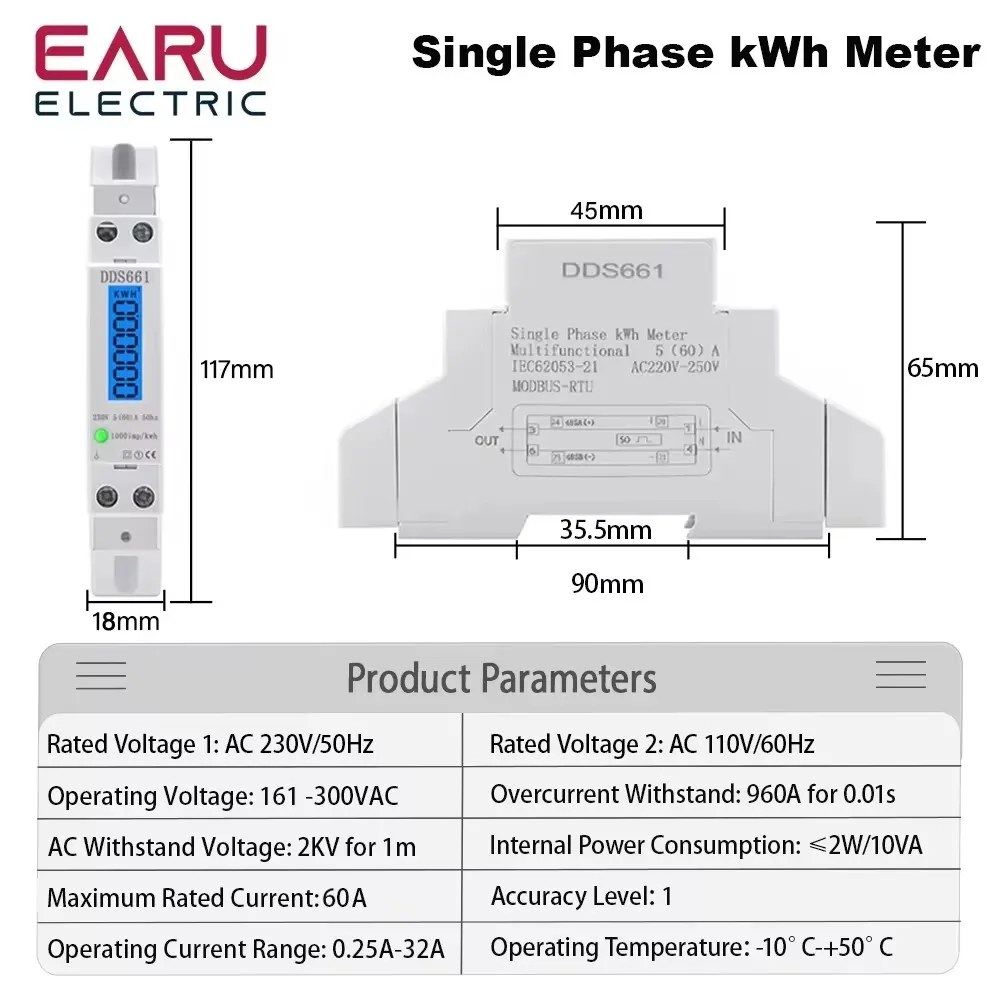 Din Rail Single Phase 110V/220V 50/60Hz RS485 Digital Display Wott Volt Amp Electric Meter Energy Power Comsumption Monitor