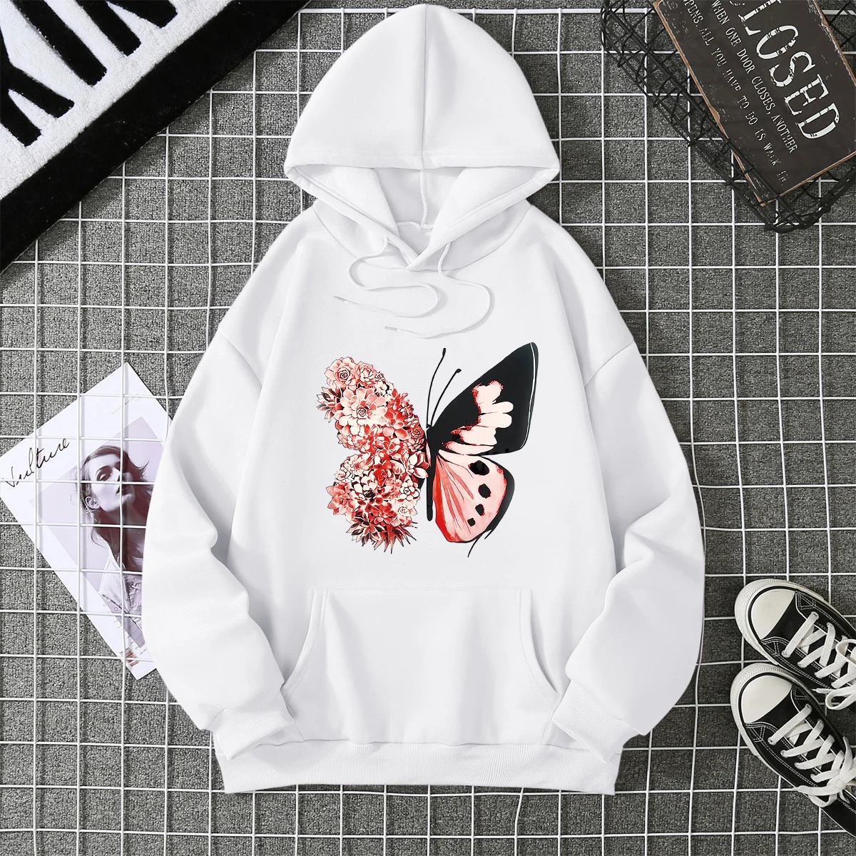 2026 Winter Women's Hoodie Solid Color Print Unisex Style Double Pockets Sweatshirts Outerwear Plus-Size Women's Clothing
