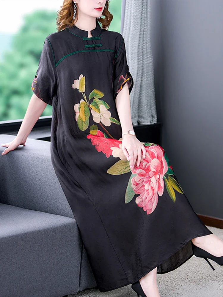 

2025 Black Floral Natural Silk Midi Dress Women Fashion Elegant Loose Evening Dress 2024 Korean Vintage Hepburn Party Vestidos