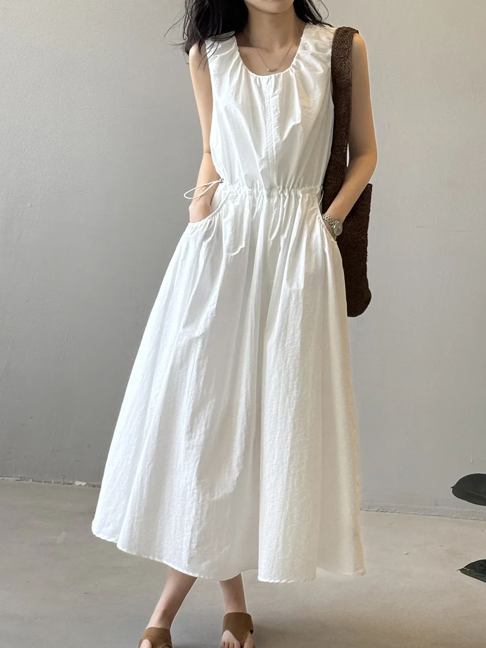 Elegant Women Drawstring Vest Dress Summer Round Neck Sleeveless Solid Color Loose Long Dress Female Maxi Sundress