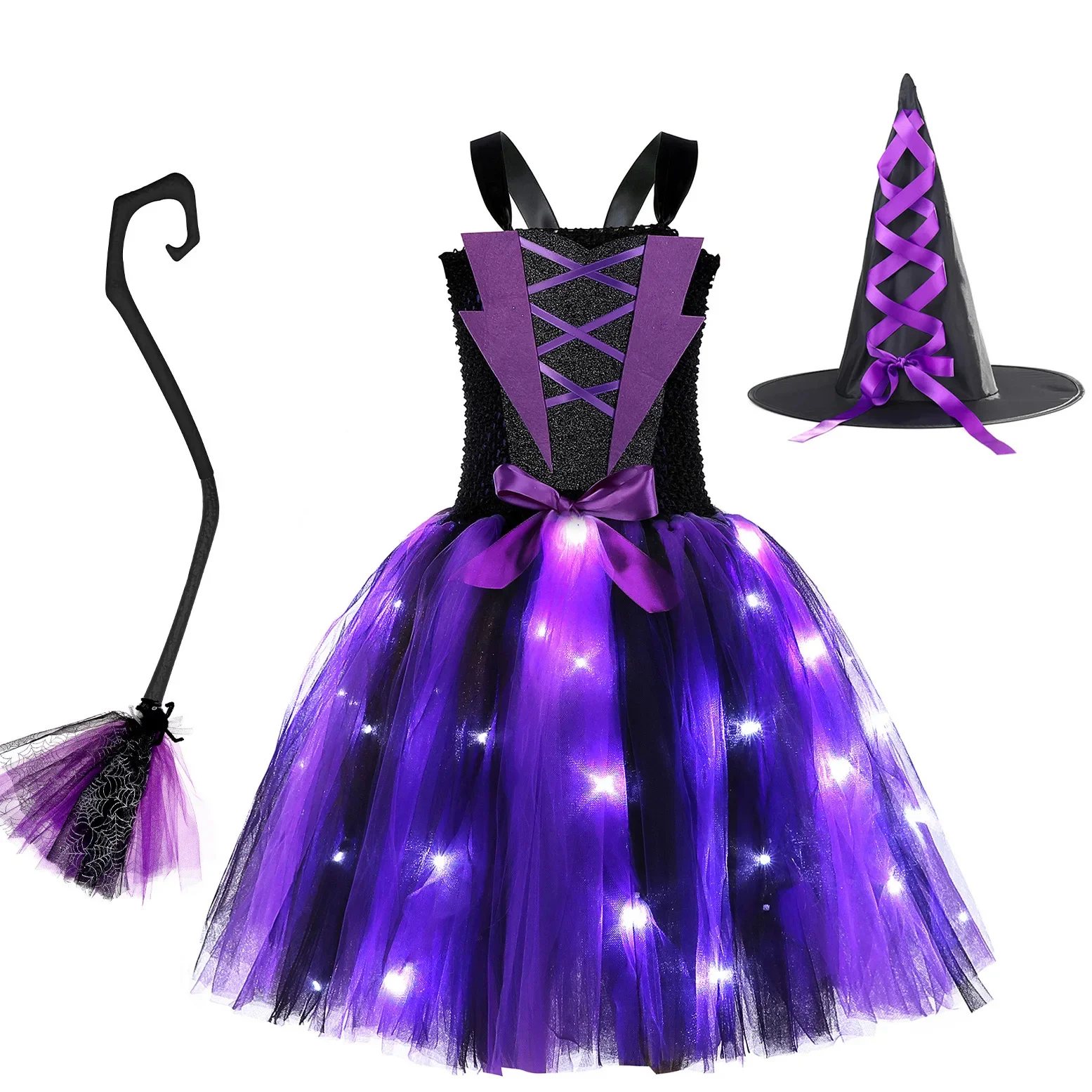 

Halloween Evil Witch Dress Flashing Light Pong Skirt Children's Cosplay Stage Performance Set Comes with Witch Hat Sweeper