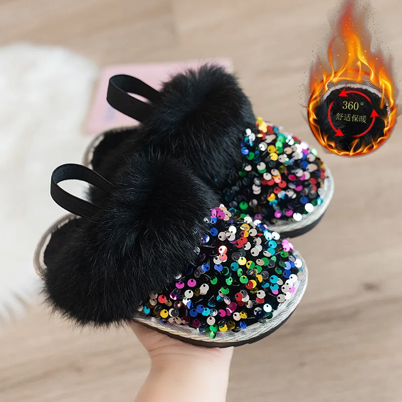 Children Shining Sequins Outside Cotton Slippers Girls Winter New Fahion Soft Bottom Anti-slippery Versatile Casual Warm Shoes