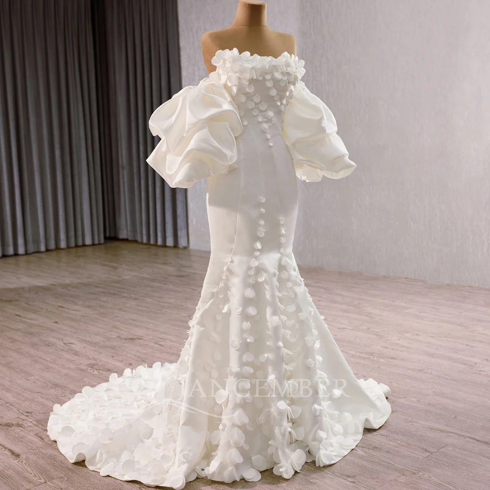 Suknia ślubna balowa z satyny luksusowa na zamówienie, koronka, perły, zdobiona koralikami, odpinane rękawy, biała suknia ślubna, Vestido De Novia