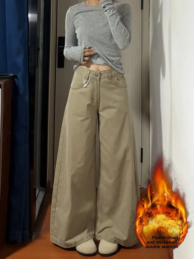 

plus Size Fleece Lined Thickened Khaki Low Waist Denim Pants Women Autumn Winter Loose Floor Length Non Fitting Flared Trousers