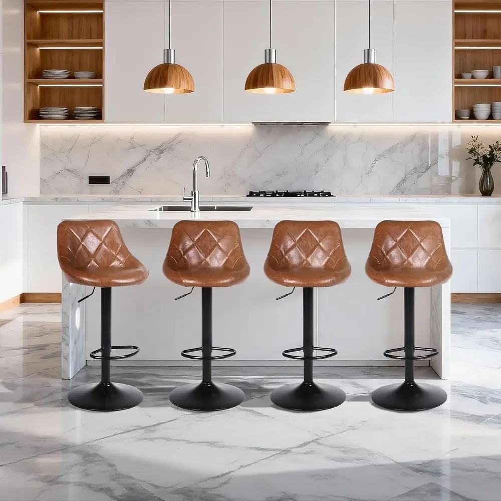 Set of 2 Swivel Counter Height Bar Stools with Backrest and Footrest, Brown Leather for Kitchen Island or Dining Area - view 2