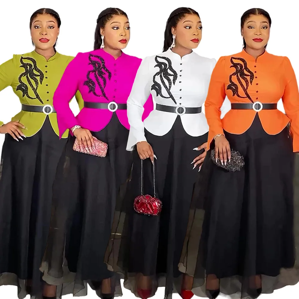 

2025 new women's clothing European and American fashion long-sleeved button fake two-piece set diamond dress