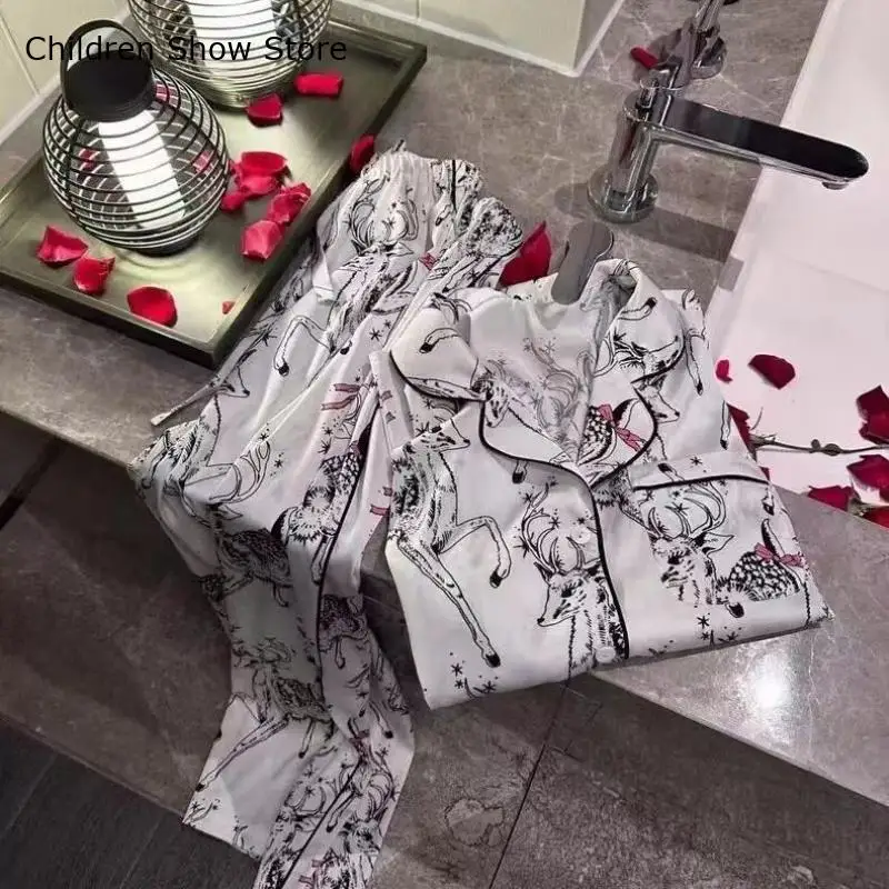 Short Sleeve Homewear Soft Satin Pajamas Suit Women's 2Pcs Pjs Loungewear Fashion Print Sleepwear Lapel Shirt&pants Outfit