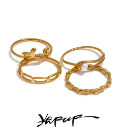 Yhpup Stainless Steel Natural Pearl Chain Geometric Stackable Thin Ring 18K Gold Color Minimalist Finger Jewelry Wholesale Gift