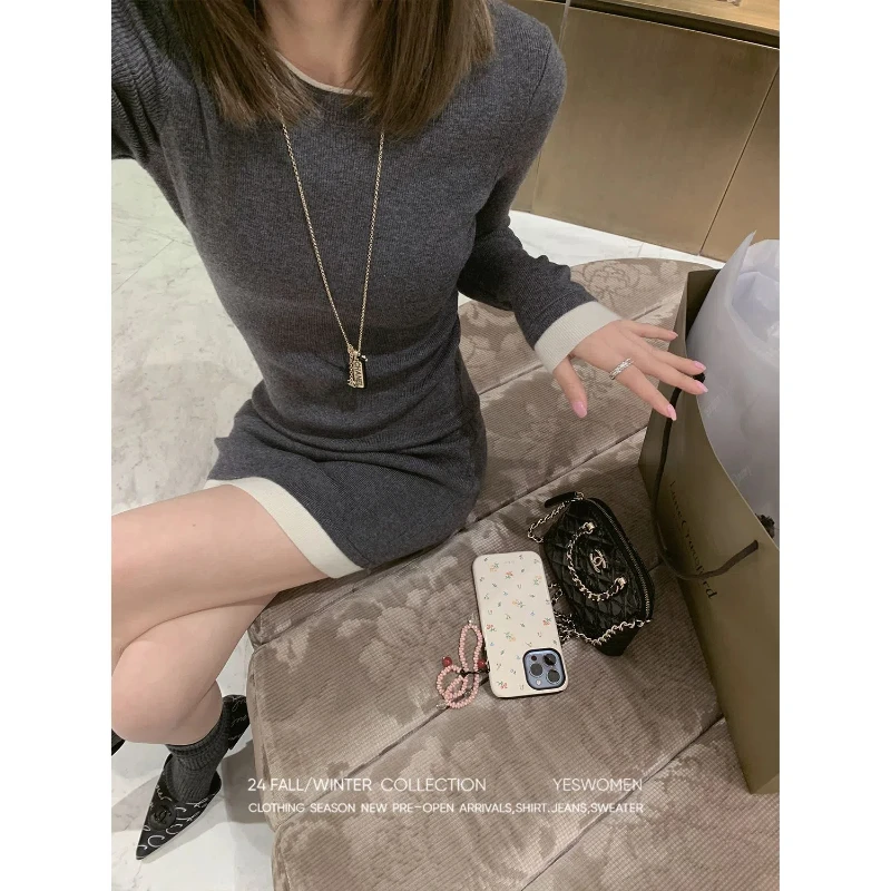 

Hot Girl New Hip-hugging Skirt Slim-fitting Waist-cinching Knitted Autumn and Winter Dress Tight-fitting Long-sleeved Bottoming