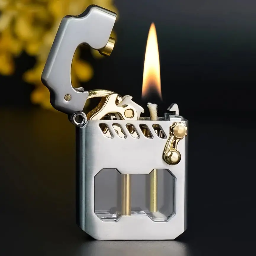 Rare Mecha Kerosene Lighter Transparent Fuel Tank Mechanical Rocket Gasoline Lighter Metal Men Smoking Play Lighters Wholesale