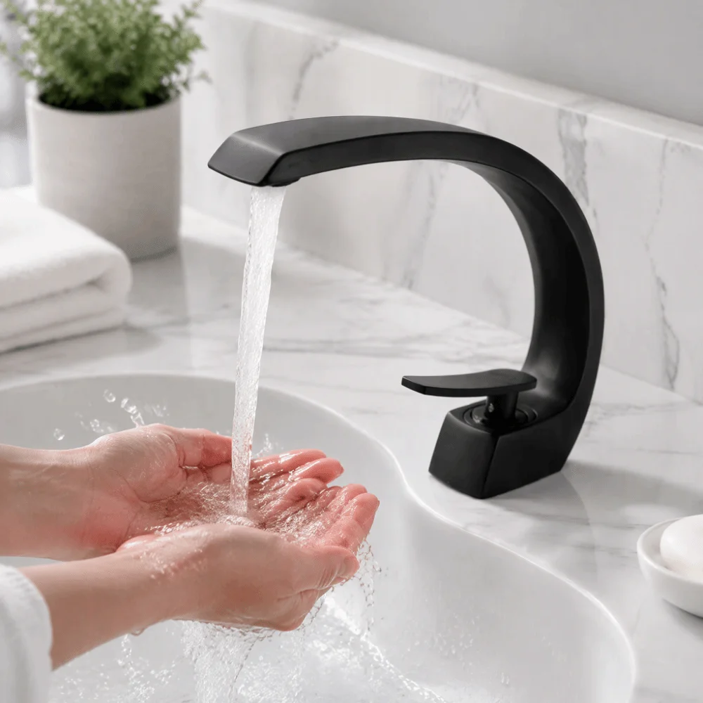 Matte Black Finish Bathroom Faucet Minimalist Design Moon Curved Spout Undermount Bathroom Faucet Water Mixing Function