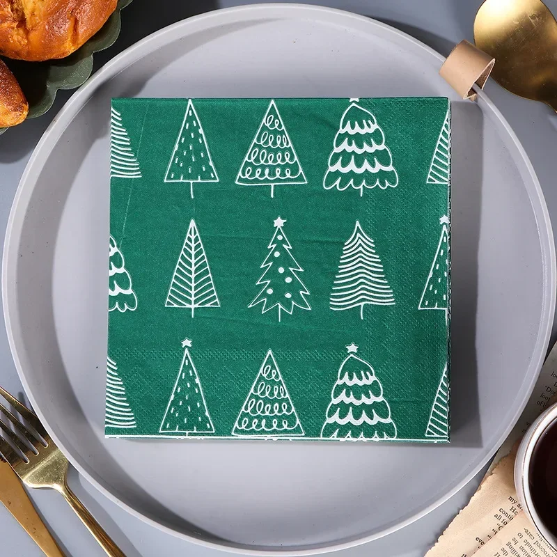 

10/20pcs 33*33cm 2-Ply Painted Christmas Decoration Paper White Tracing Christmas Tree Printed Napkin Party Tissue Wholesale