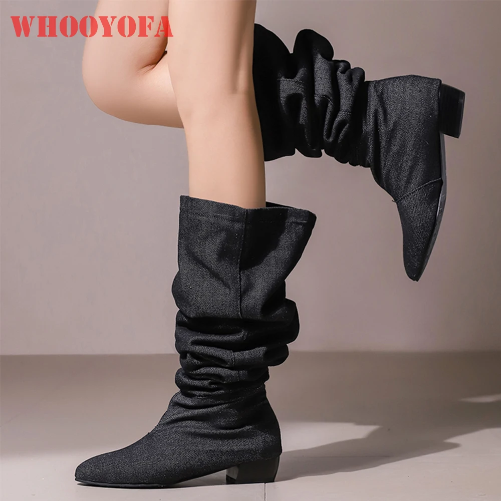 Invierno nuevo maduro negro azul mujeres sobre la rodilla botas altas Slouch tacones cuadrados bajos zapatos de vestir de señora más talla grande 11 43 46 48