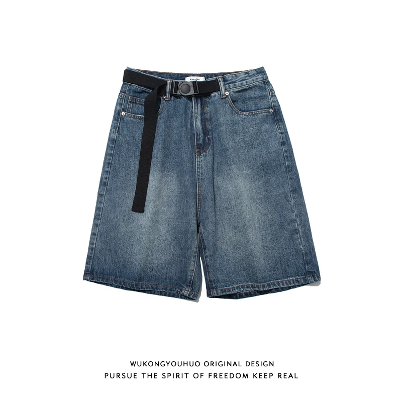 

Retro Waed Distred Straight Leg Men's ort Jeans Casual Loose Fit Five-Quarter Length Youthful Sle Summer Wear