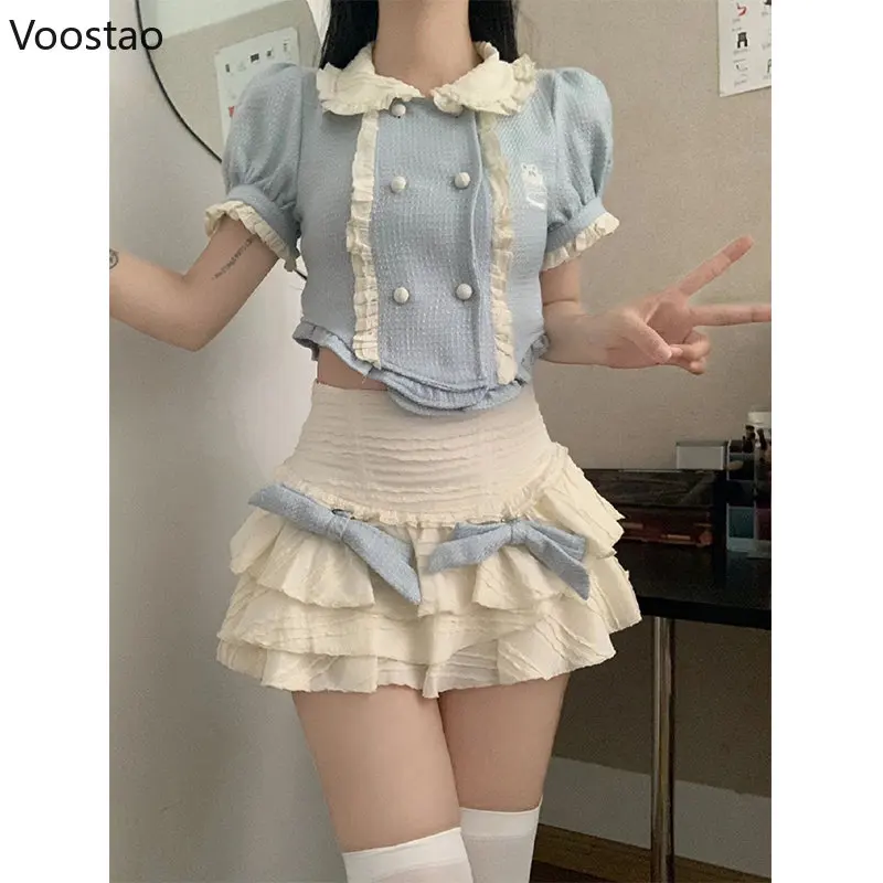 Imagem -02 - Conjunto de Peças Lolita Kawaii Feminina Blusas de Manga Folhada Fato Minissaia Azul Japonesa Feminina Bolo Doce Coreano Fofo Verão