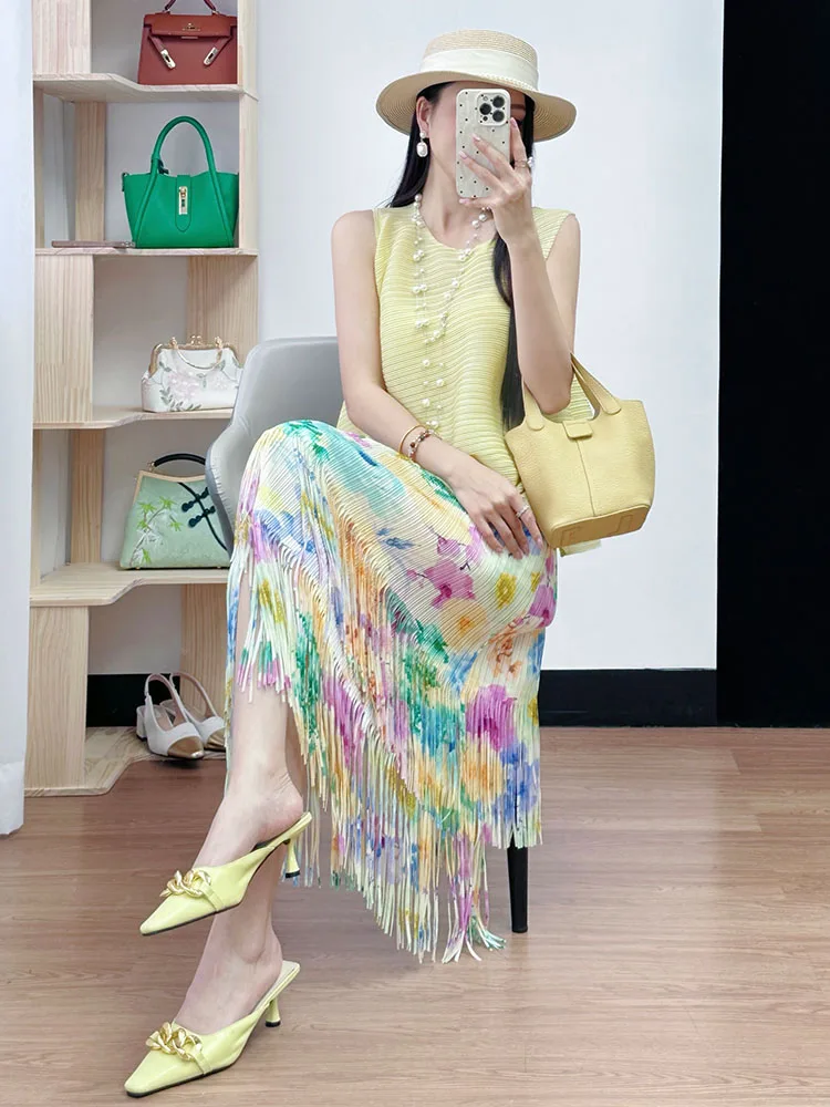 

Fluorescent Yellow Sleeveless Print Frill Hem Summer Trendy Set Three-Resin Art Creation round Neck Two-Piece Women's Fashion