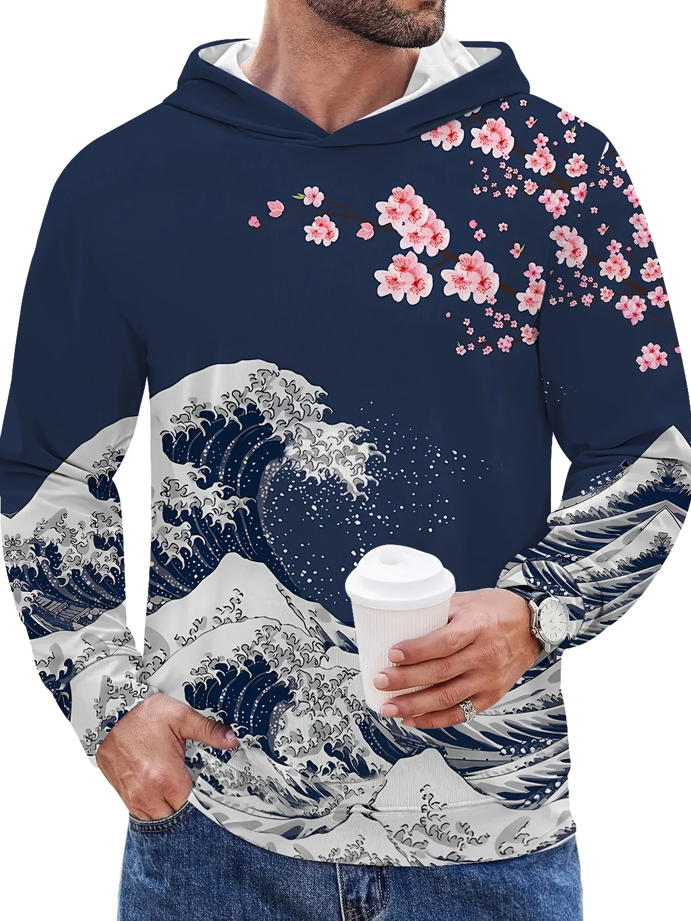 Artistic Print Men's Autumn Spring Clothing, Hooded Casual Sports Sweatshirt with Japanese Wave Cherry Blossom Print