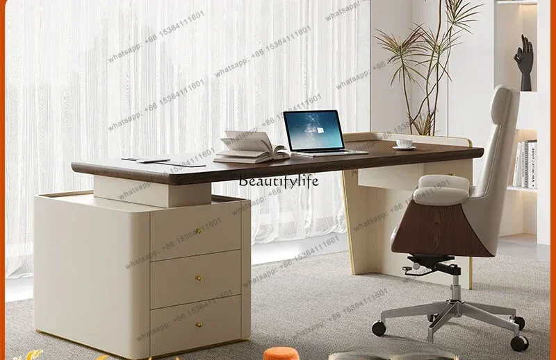 

56Retro simple desk home office light luxury computer desk retractable saddle leather cabinet