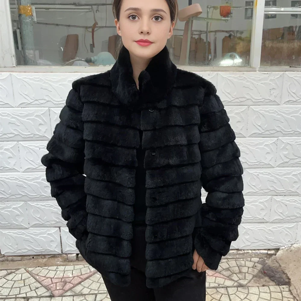 OFTBUY Rabbit Real Fur Coat Warm Real Leather Fur Solid Color Fashion Clothing Outerwear 2025 Black Cold Winter Jacket Female