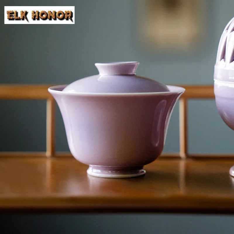 

95 мл фиолетовая антикварная чайная подставка Gaiwan с высокой ножкой, бытовая чайная чаша с крышкой, комплект для приготовления чая, миска для чайных аксессуаров, ремесло