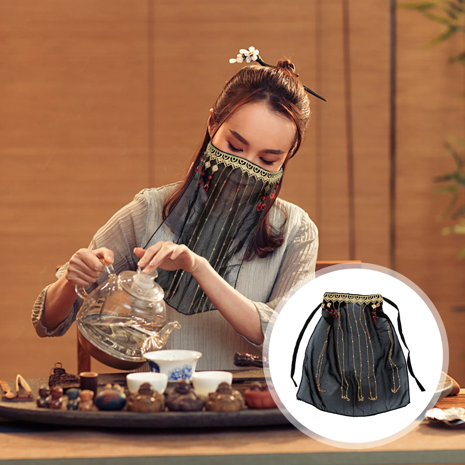 

Retro Tassel Face Veil for Women One Size Elegant Dancing Masquerade Cosplay Hanfu Accessory Sun Protection Veil Vintage Lady