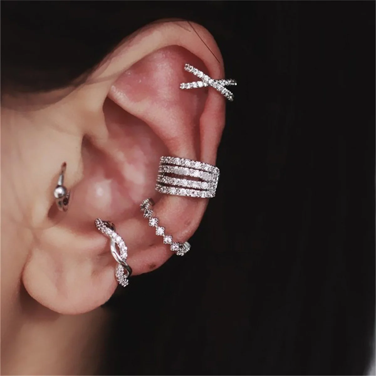 4Pcs/set Creative Silver Color Zirconia Clip on Earrings for Women Geometric Ear Cuff Without Piercing Girl Jewelry