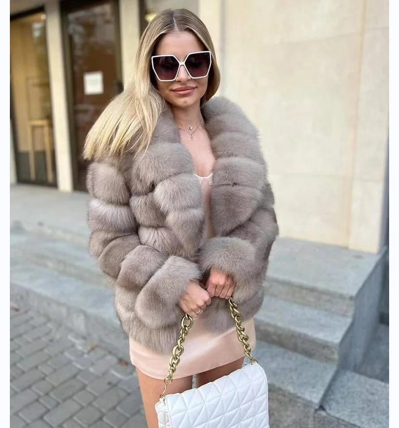 Jaqueta Real Fox Fur feminina, mangas destacáveis, lapela grande, quente e elegante, inverno