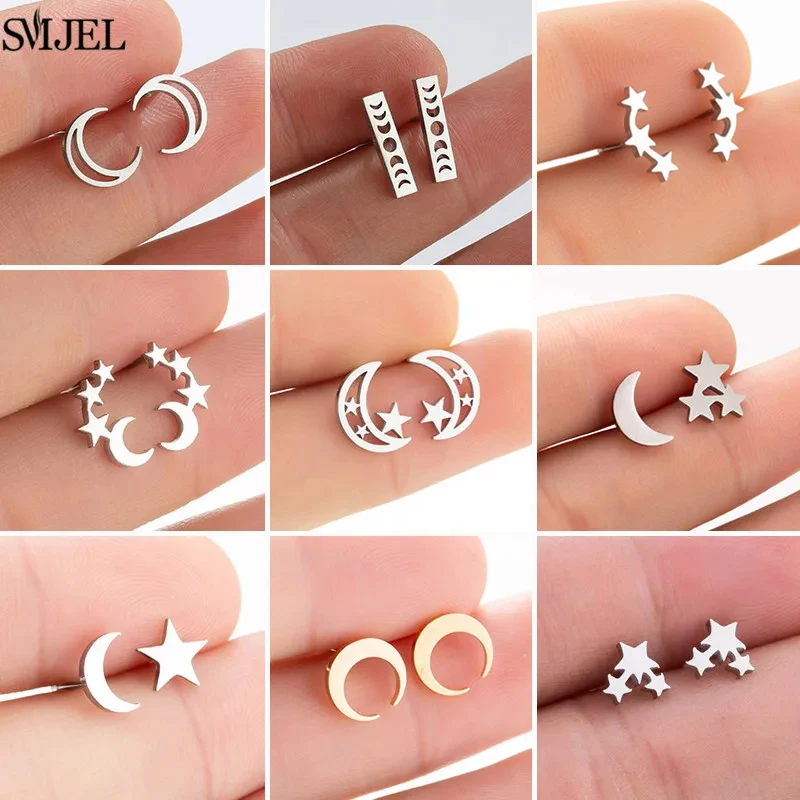 Multiple Stainless Steel Star Moon Earrings for Women Girls Minimalist Moon Sun Earings Piercing Jewelry Celestial Birthday Gift